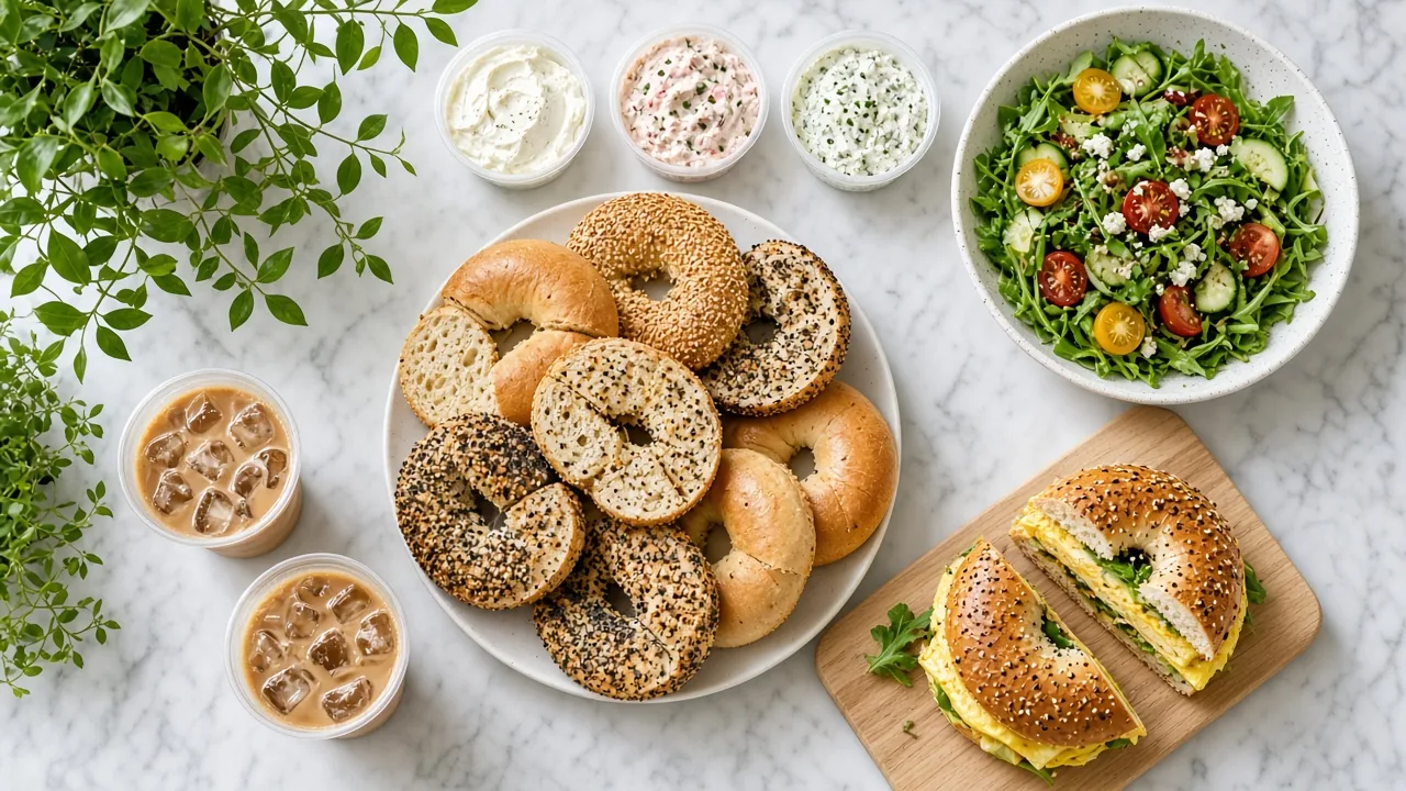 Overhead view of a catering spread with sliced bagels, cream cheese tubs, an egg sandwich, a salad and iced coffees on marble